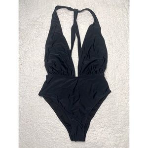 Revamped black low cut one piece swimsuit